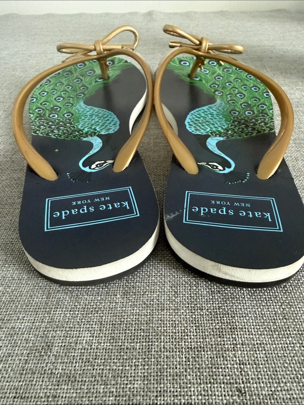 kate spade navy sandals with gold straps and green peacock print - Picture 5 of 8